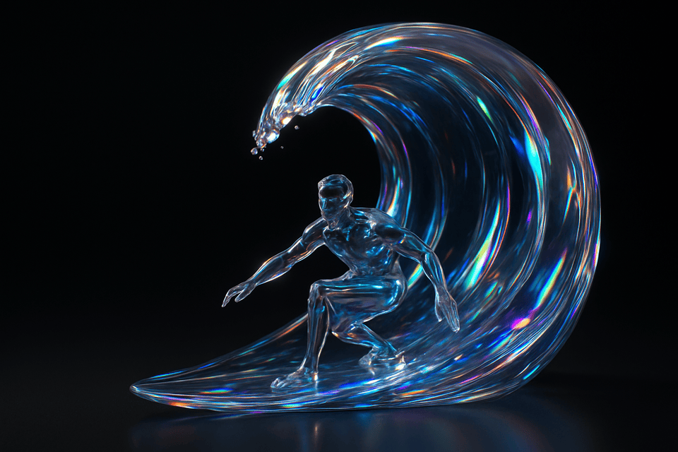 Surfer riding AI wave